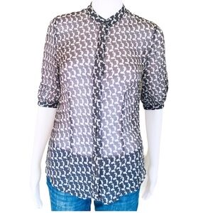 CLUB MONACO Semi Sheer Blouse With Geo Print & 3/4 Length Sleeves Grey Sz Small
